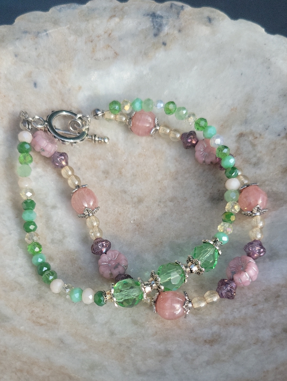 Double Strand Flower Bracelet Pink Green Purple Czech Glass Beads Toggle Clasp
